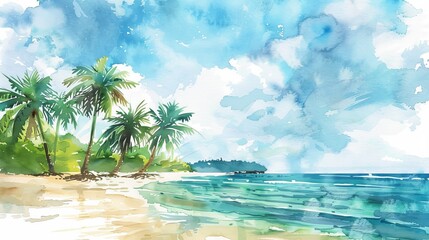 Wall Mural - Watercolor illustration of tropical beach with palm trees.