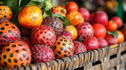 Wall Mural -   Close-up photo of an orange, apple, and pomegranate basket