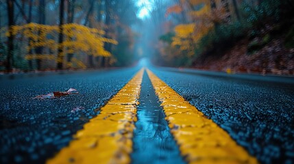 Wall Mural -   A damp forest road with a yellow stripe and surrounding trees