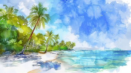 Wall Mural - Watercolor illustration of tropical beach with palm trees.