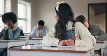 Poster - Education, sleep and paper ball with girl student in class for development, learning or study. Book, burnout or wake up and tired teen in classroom with assessment, growth or scholarship fatigue