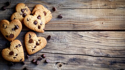 Wall Mural - Heart shaped chocolate chip homemade cookies on a rustic wooden table