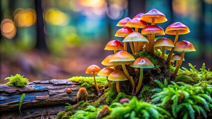 Sticker - Multicolored fungi growing on a moss-covered log, fungi, mushrooms, colorful, vibrant, nature, forest, mushrooms, fungus