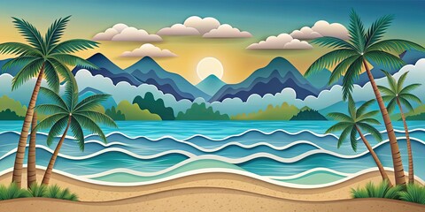 Sticker - Scenic Hawaiian beach scene with palm trees, ocean, and mountains in paper-cut art style, Hawaii, beach, scene