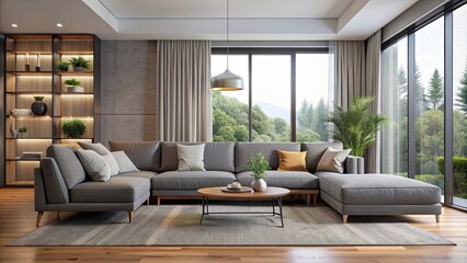 Canvas Print - Modern living room with large grey sofa, modern, living room, interior, home, contemporary, comfortable, cozy, stylish