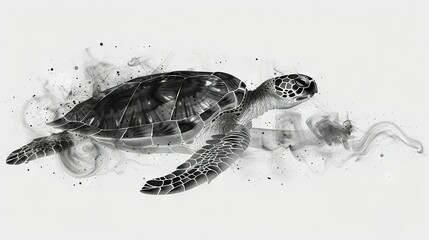 Wall Mural -   A black-and-white photograph captures a turtle emerging from a fiery backdrop, its head raised high