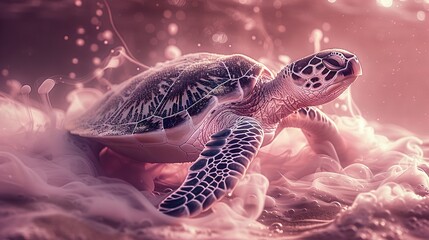 Canvas Print -   Turtle in water, close-up shot, bubbles on its back, head above surface