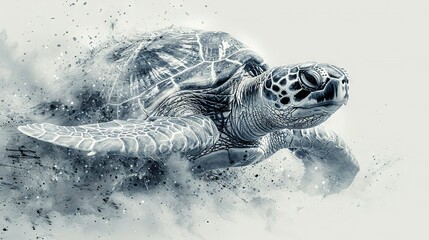 Canvas Print -   A monochromatic picture captures a turtle mid-air, with droplets of water cascading down its shell