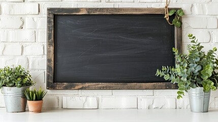 Canvas Print - Text space on blackboard with artificial plant on white brick wall