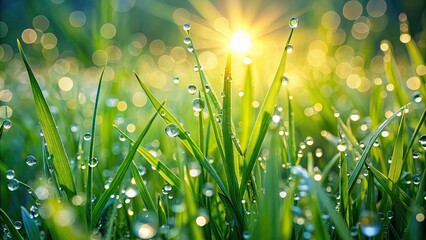 Canvas Print - Green grass with fresh dew drops glistening in the morning sunlight, green, grass, dew drops, nature, wet, refreshing