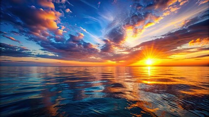 Sticker - Vibrant sunset reflecting on the calm ocean surface , sunset, sea, water, reflection, colorful, evening, horizon, serene, nature, beauty