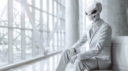 Humanoid Alien in a white suit in luxury office as CEO