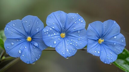  Two blue flowers with water droplets in the foreground, set against a blurred background of green leaves