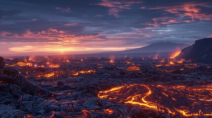 Wall Mural - The harsh landscape of a lava field after sunset, with the residual glow of lava providing the only light, creating a scene of eerie beauty.