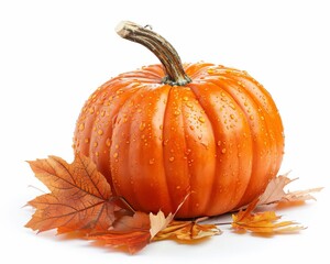 Pumpkin with autumn leaves on solid white background, single object