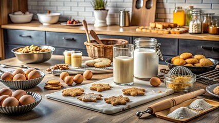 Canvas Print - Homemade Cookies Day baking activity with various ingredients and tools on a kitchen counter, baking, homemade, cookies