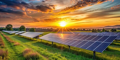 Wall Mural - Harmonious blend of nature and sustainable technology as row of solar panels illuminates field at sunset