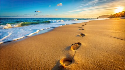 Wall Mural - Foot prints on a sandy beach with selective focus, beach, sand, footprints, footsteps, shore, ocean, vacation, travel