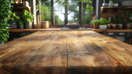 Blurry kitchen background with wooden tabletop, ideal for showcasing products or designing layouts.