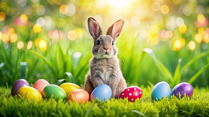 Wall Mural - Easter bunny sitting on green grass surrounded by colorful eggs, Easter, bunny, grass, eggs, spring, holiday, celebration, cute