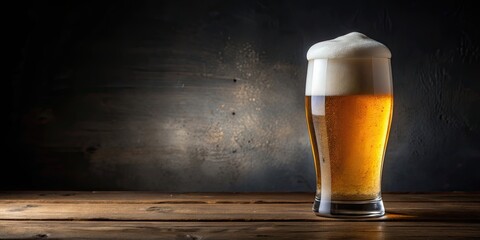 Canvas Print - Glass of beer with thick foam on top, beer, drink, alcohol, beverage, cold, refreshment, bubbly, frothy, pint, bar, brewery, golden