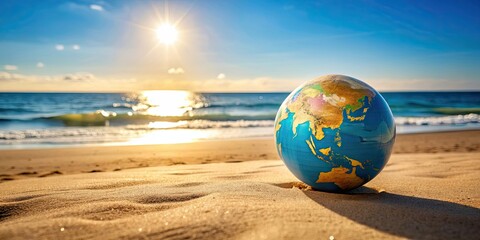 Wall Mural - Globe beach ball on sandy beach under bright sun , travel, vacation, relaxation, beach, sun, sand, globe, ball, colorful