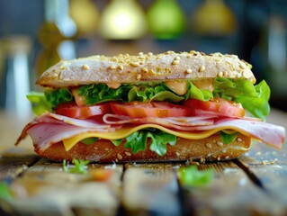 Canvas Print - Sandwich with ham, cheese, lettuce, and tomato on wooden table