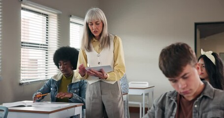 Poster - Education, test results and students with teacher in classroom of school for development, learning or study. Assessment, exam and grade with mature woman in class for academy, lecture or scholarship
