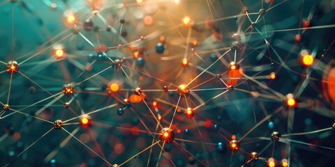 Wall Mural - Colorful image of network of spheres with bright orange line in middle