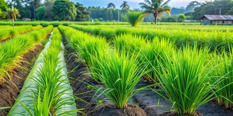 Sticker - Farm garden with Cynodon dactylon, rice, and lemongrass plants, farm, garden, Cynodon dactylon, rice, lemongrass