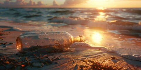 Wall Mural - bottle is laying on beach, with sun reflecting off of it