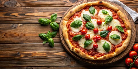 Poster - Delicious Napolitan Margherita Pizza on wooden table, pizza, Italian, margherita, mozzarella, basil, tomato, traditional, homemade