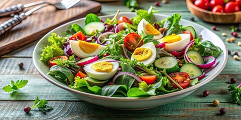 Wall Mural - Healthy salad made with boiled eggs, mixed greens, and fresh vegetables, boiled egg, salad, healthy, nutritious, greens