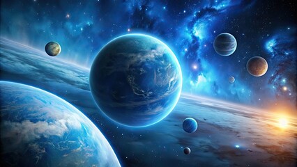 Wall Mural - exoplanets with blue gas clouds in distant galaxy, exoplanets, blue, gas clouds, distant, galaxy, st
