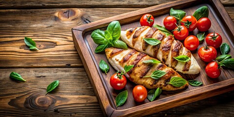 Canvas Print - Homemade caprese grilled chicken served beautifully on a wooden tray, Caprese, grilled, chicken, homemade, tray, serving, delicious