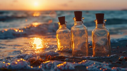 Wall Mural - Three bottles of different sizes are on beach