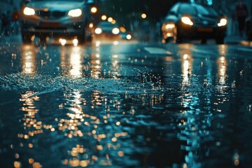 Poster - Blurry image of rainy street with cars driving through it