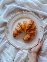 Wall Mural - Person is holding croissant on white plate