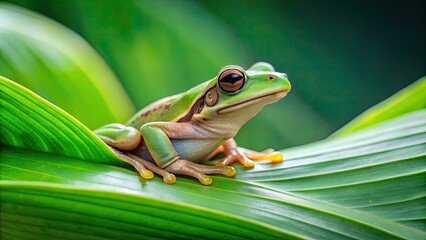 Canvas Print - Frog resting on a green leaf, frog, nature, wildlife, green, leaf, amphibian, outdoors, wildlife photography, relaxation, peaceful