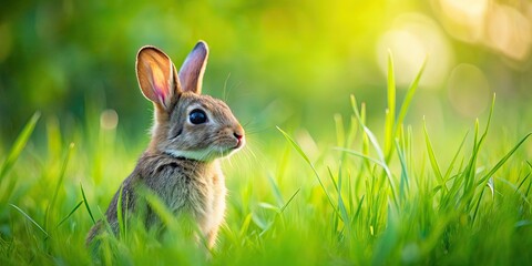 Canvas Print - Cute rabbit sitting in tall green grass, rabbit, cute, adorable, fluffy, bunny, small, animal, grass, green, nature, wildlife, fur