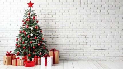 Christmas tree with gifts and white brick wall background