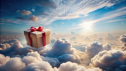 Poster - Gift box floating in the sky with fluffy clouds surrounding it , surprise, present, aerial view, blue sky, celestial, heaven