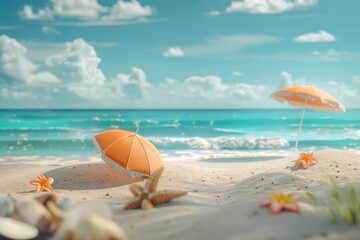 Wall Mural - beach scene with two orange umbrellas and few seashells