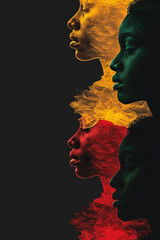 black history month background with african-american faces in profile in red, yellow, and green colo