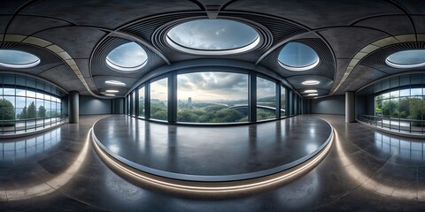 futuristic dark geometric round organic shape environment with full 360 panorama view, futuristic, d