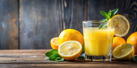 Wall Mural - Fresh fruit juice in a clear glass with a slice of lemon on the rim , drink, healthy, citrus, beverage, refreshing, organic, natural