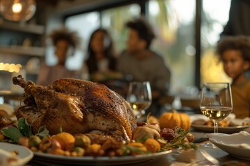 Canvas Print - Large turkey is on table with group of people around it