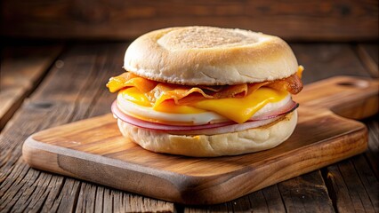 Sticker - English muffin, egg, ham, and cheese breakfast sandwich on a cutting board , breakfast, sandwich, English muffin, food, meal, brunch