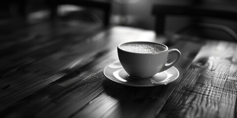 Sticker - White coffee cup sits on wooden table