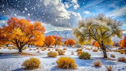 Poster - Snowfall in the desert with vibrant trees , snow, desert, winter, landscape, cold, sand, nature, beauty, serene, peaceful